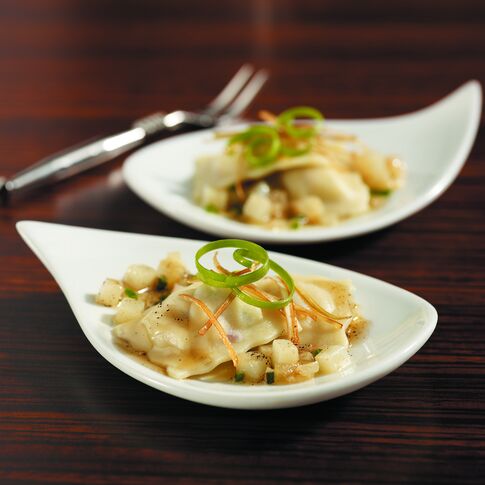 Baked Potato Creme Fraiche Agnolotti, Potato Brown Butter, Pancetta, Truffle Essence