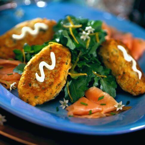 Herb Potato Fritters with Smoked Atlantic Salmon & Watercress