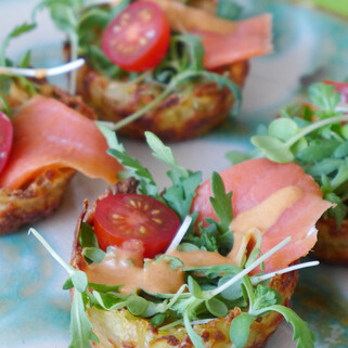 Cotija Potato Nests with Micro Greens, Smoked Salmon and Creamy Chipotle Dressing
