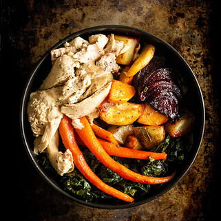 Roasted Roots and Chicken Power Bowl with Maple Aioli