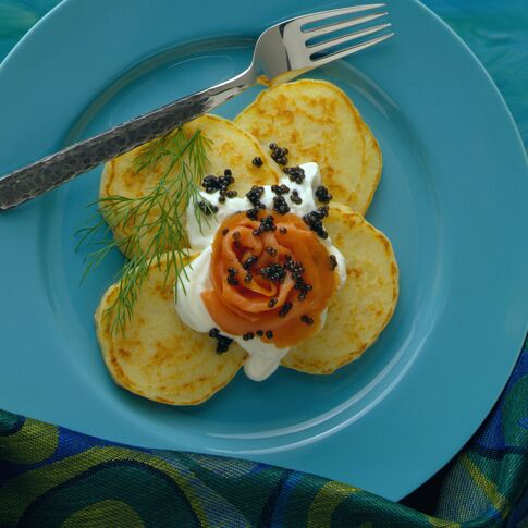 Potato Pancakes Vonnas with Smoked Salmon and (Osetra) Caviar