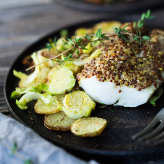 Mustard Roasted White Fish with Potato-Brussels Sprout Hash