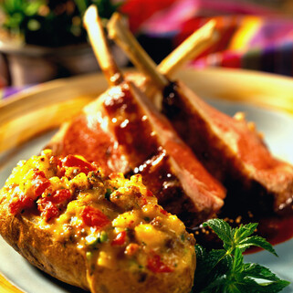 Balsamic Glazed Rack of Lamb - Plum Ketchup Chili Cheese Baked Potato
