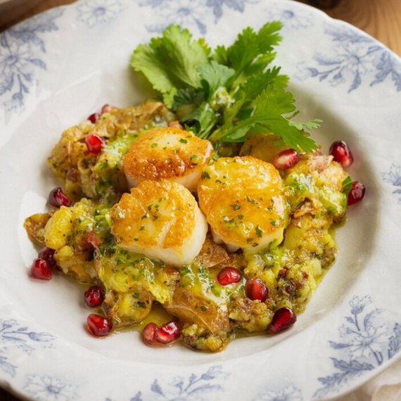 Smashed Potatoes with Cilantro Vinaigrette and Seared Scallops