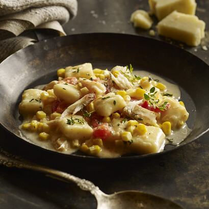 Louisiana Crab, Corn and Tomato Gnocchi with Pork and Parmesan Beurre Monté