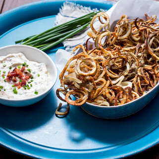 Air Fryer Curly Fries with Bacon Chive Dip