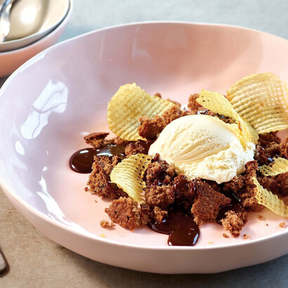 Potato Ice Cream on Crumbled Chocolate Potato Cake