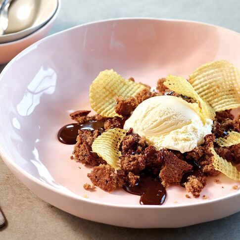 Potato Ice Cream on Crumbled Chocolate Potato Cake
