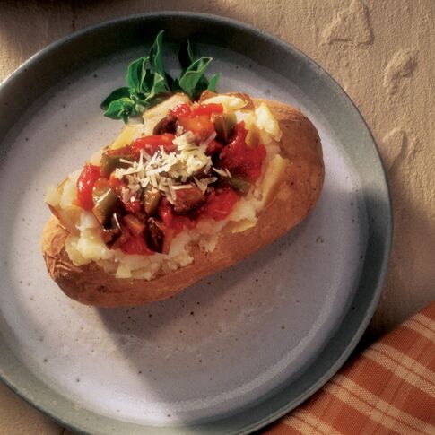 Baked Potatoes with Eggplant Parmesan Topping