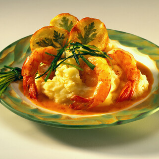 Santa Barbara Shrimp with Mashed Potatoes and Potato Truffle Chips 