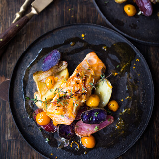 Roasted Salmon with Idaho® Fingerlings and Kumquats
