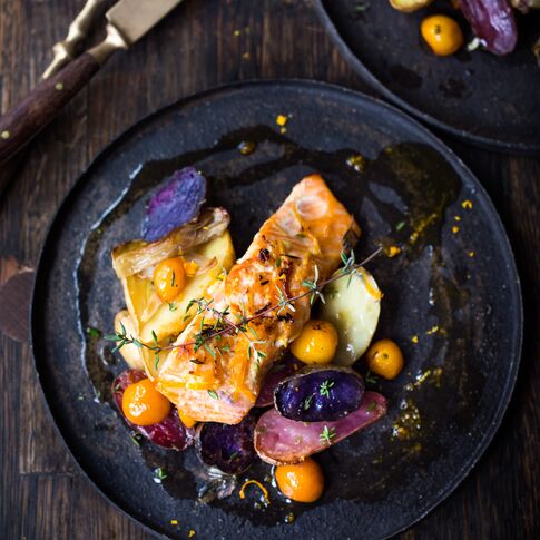 Roasted Salmon with Idaho® Fingerlings and Kumquats