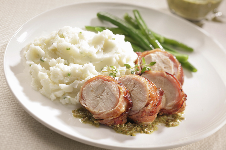 Bacon-Wrapped Turkey with Green Chili-Almond Sauce with Idaho® Mashed Potatoes